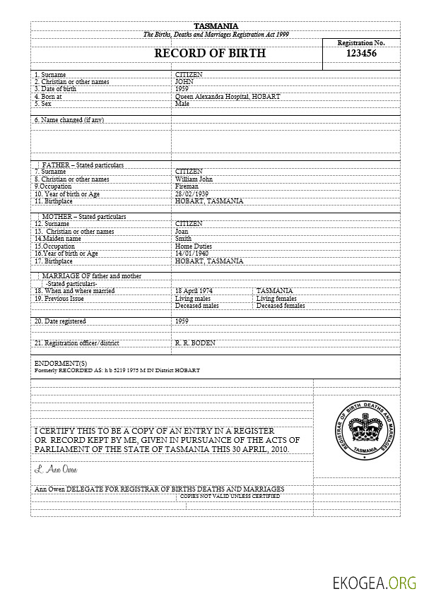 Modèle d'acte de naissance Australie Tasmanie au format Word